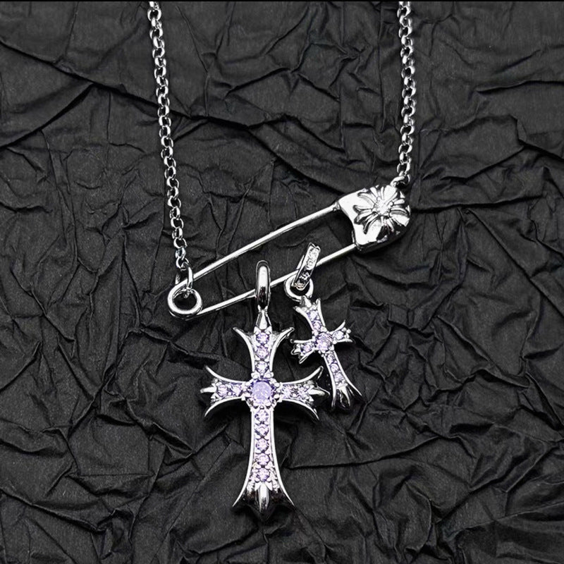 925 Silver Plated White Gold Rhinestone Pin Double Cross Pendant Necklace for Men and Women, European and American Style, Unique Design, High-End Look