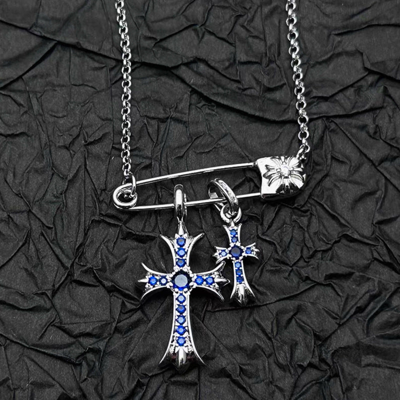 925 Silver Plated White Gold Rhinestone Pin Double Cross Pendant Necklace for Men and Women, European and American Style, Unique Design, High-End Look