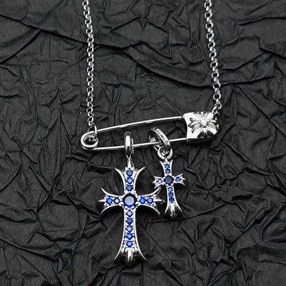 925 Silver Plated White Gold Rhinestone Pin Double Cross Pendant Necklace for Men and Women, European and American Style, Unique Design, High-End Look