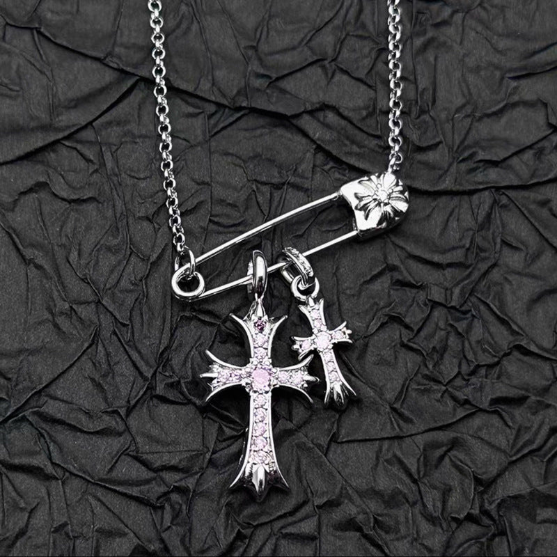 925 Silver Plated White Gold Rhinestone Pin Double Cross Pendant Necklace for Men and Women, European and American Style, Unique Design, High-End Look