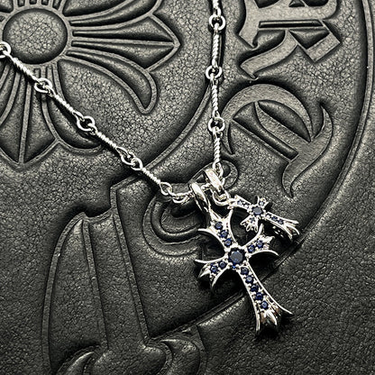 Punk hip-hop Thai silver plated 22K white gold double cross color diamond necklace sweater chain