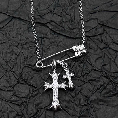925 Silver Plated White Gold Rhinestone Pin Double Cross Pendant Necklace for Men and Women, European and American Style, Unique Design, High-End Look