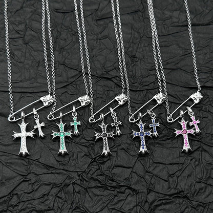 925 Silver Plated White Gold Rhinestone Pin Double Cross Pendant Necklace for Men and Women, European and American Style, Unique Design, High-End Look