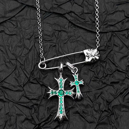 925 Silver Plated White Gold Rhinestone Pin Double Cross Pendant Necklace for Men and Women, European and American Style, Unique Design, High-End Look